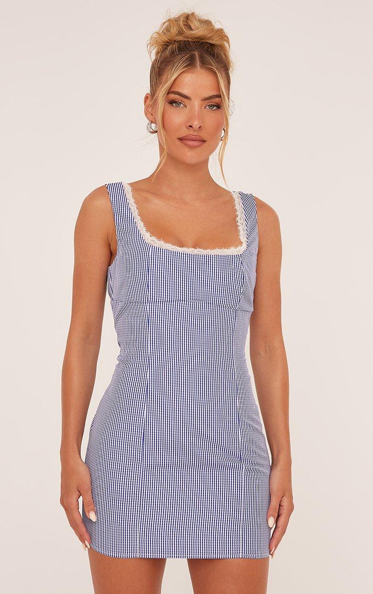 Square Neck Lace Trim Mini Bodycon Dress In Blue Gingham