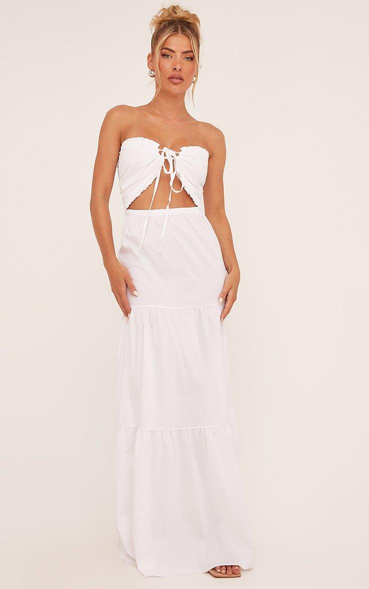 fitted lace wedding dress White Front Cut Out Tiered Side Slit Maxi Dress