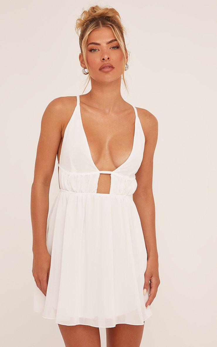 white a line plunging neckline flare mini dress Kyla | White Plunge-Neck Mini Dress