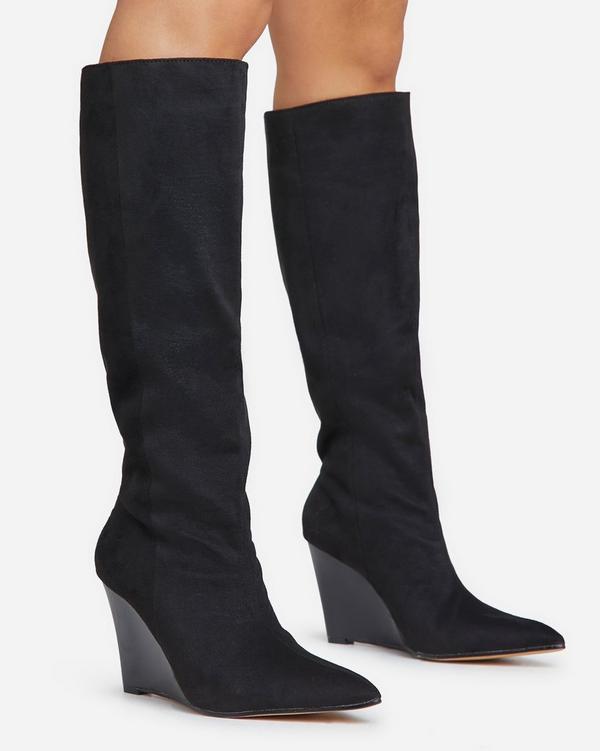 Bronwyn Pointed Toe Wedge Heel Knee High Long Boot In Black Faux