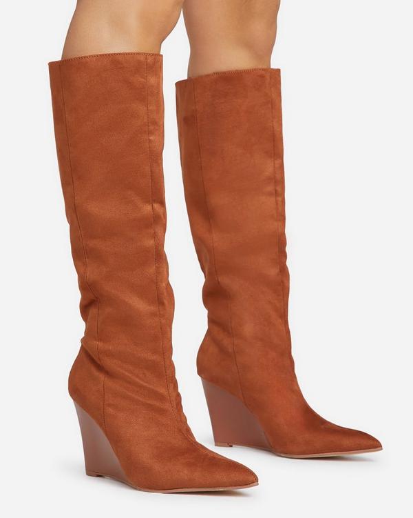 Tan wedge boots cheap knee high