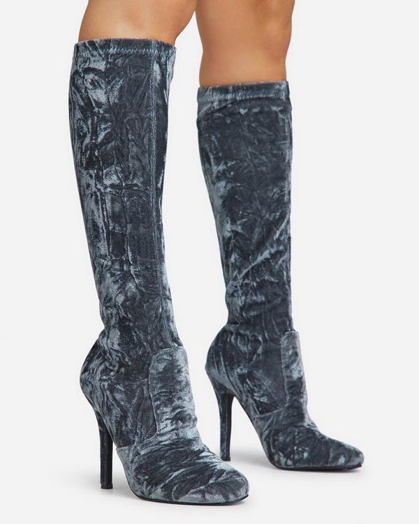 Crushed velvet knee high boots hotsell