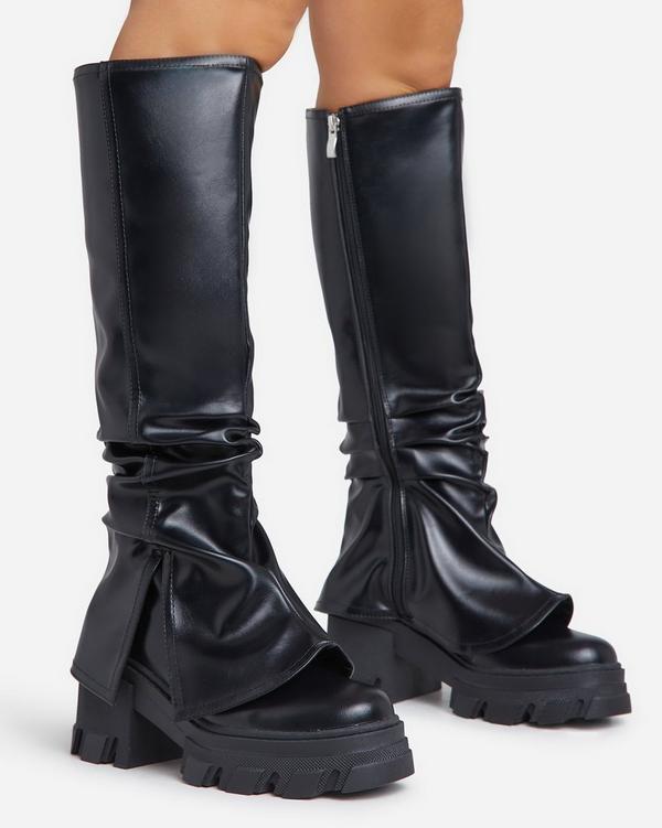 Prick Chunky Sole Ruched Flare Detail Knee High Long Biker Boot In