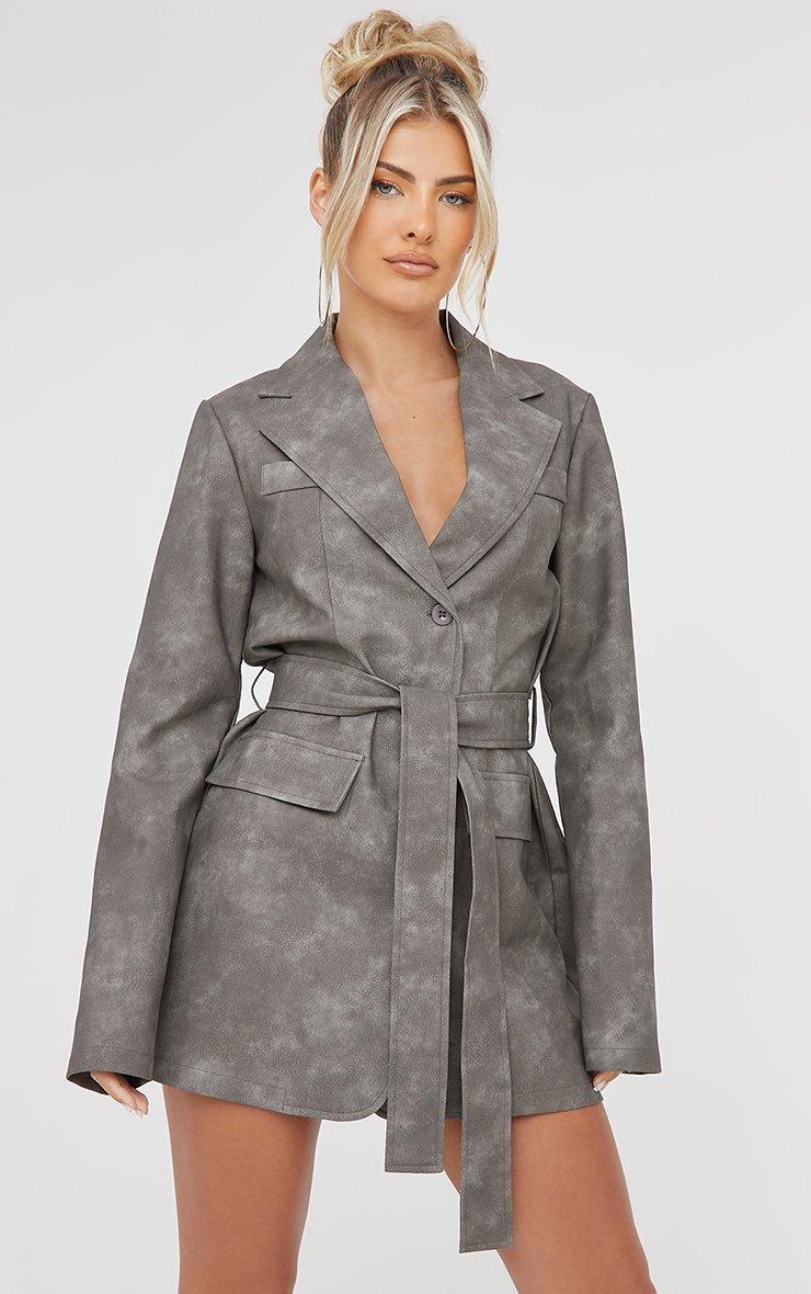 Long Sleeve Belted Detail Blazer Dress In Grey Acid Wash Faux Leather | EGO  US | EGO