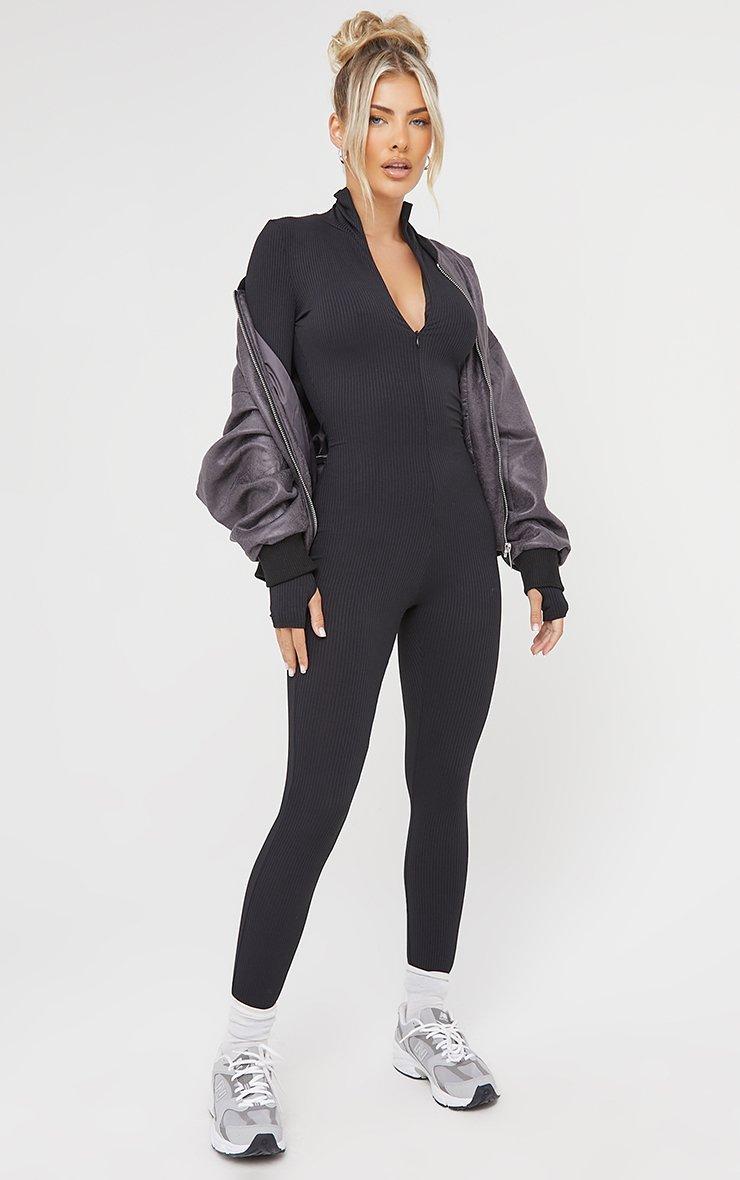 Long Sleeve Zip Up Jumpsuit In Black Ribbed | EGO US | EGO