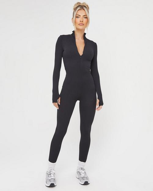 Long Sleeve Square Neck Flared Jumpsuit In Black