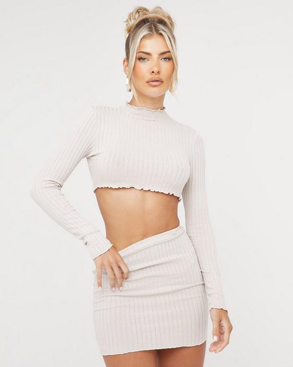 High Neck Long Sleeve Lettuce Frill Detail Crop Top In Beige Ribbed