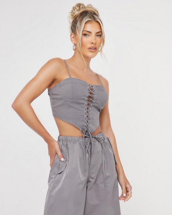 Strappy Lace Up Detail Corset Top In Grey