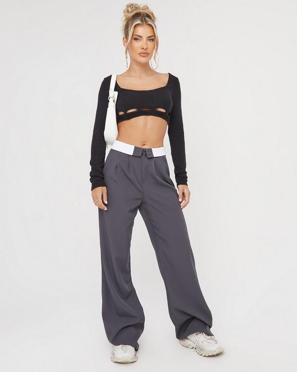 Fold Over High Waist Wide Leg Trousers In Charcoal
