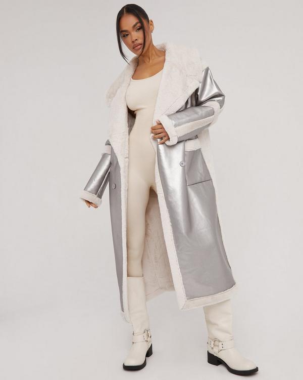 Oversized Borg Contrast Detail Maxi Aviator Coat In Silver