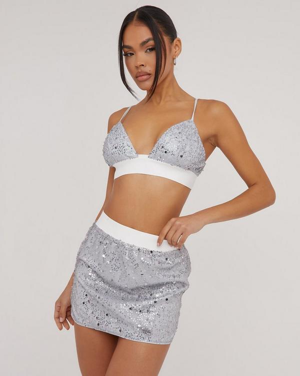 Silver Sequin Strappy Bralet, Tops
