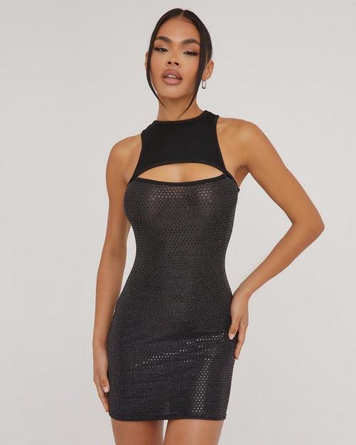 Contrast Plunge Halterneck Cold Shoulder Mini Bodycon Dress In Black Slinky