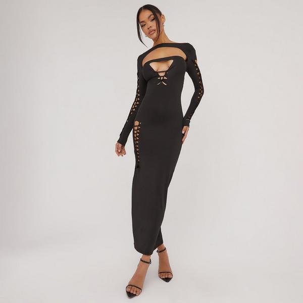 Plus Black Textured Mesh Long Sleeve Maxi Dress