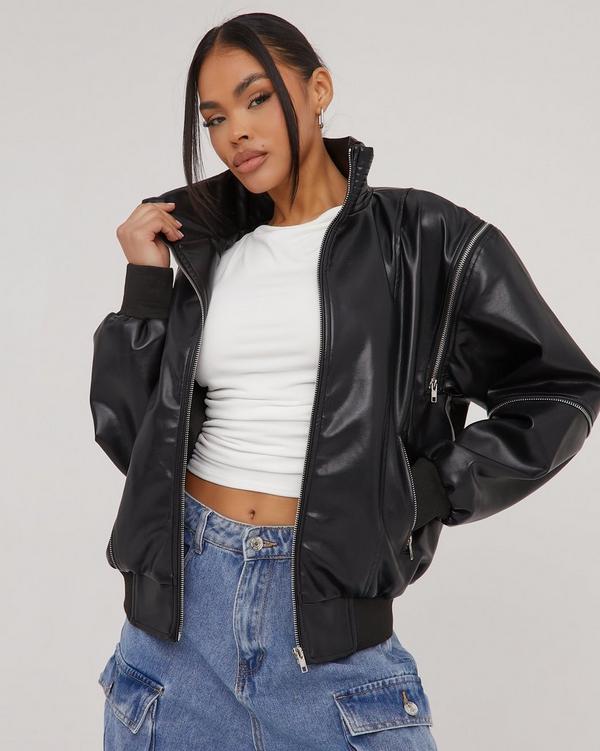 Oversized Multi Zip Detail Biker Bomber Jacket In Black Faux Leather