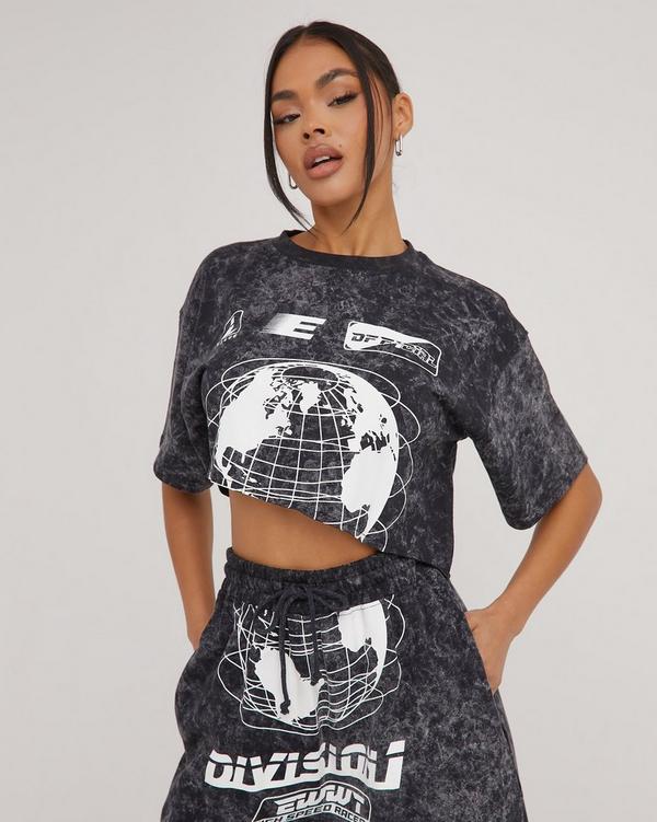 Short Sleeve Printed Crop Top In Grey Slinky