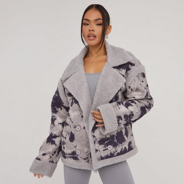 Oversized Faux Shearling Lining Aviator Coat In Grey Acid Wash EGO