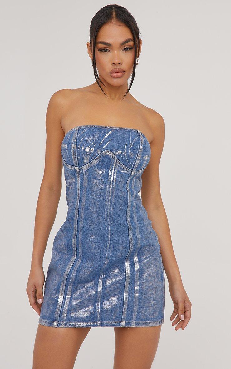 metallic dress blue Plus Size Off Shoulder Gown by Cinderella Divine CD210C Make an impact in this long strapless metallic dress with a fitted slit skirt by Juliet JT2500A Cocomelody A-Line Maxi Ruffle Prom
