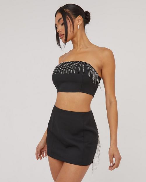 Bandeau Contrast Lace Detail Hook And Eye Corset Top In Black Texture