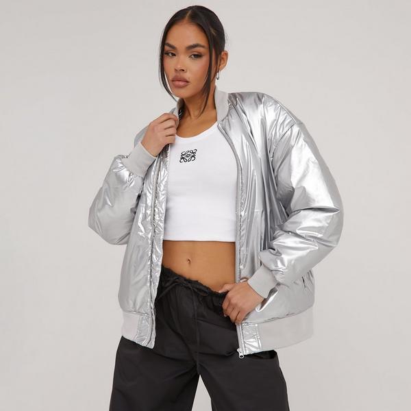 Metallic Cropped Break Line Bomber Jacket - Silver Metallic