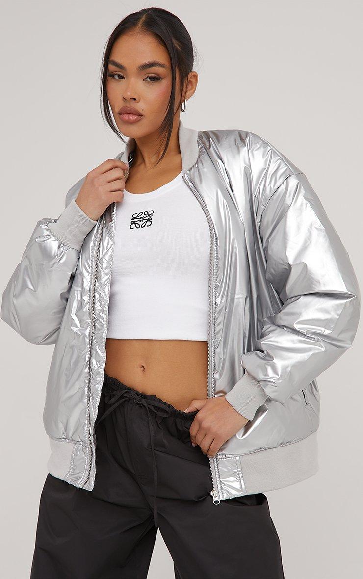 Oversized Bomber Jacket In Silver Metallic Vinyl | EGO US | EGO