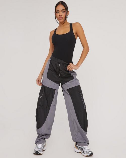 Black Leather Low Rise V-Cut Ruched Flare Cargo Pants
