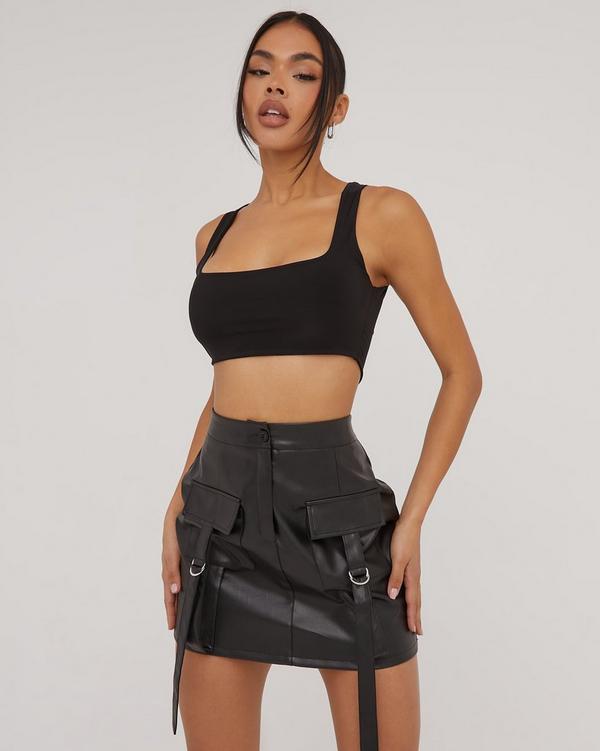 Black pocket detail shop faux leather mini skirt