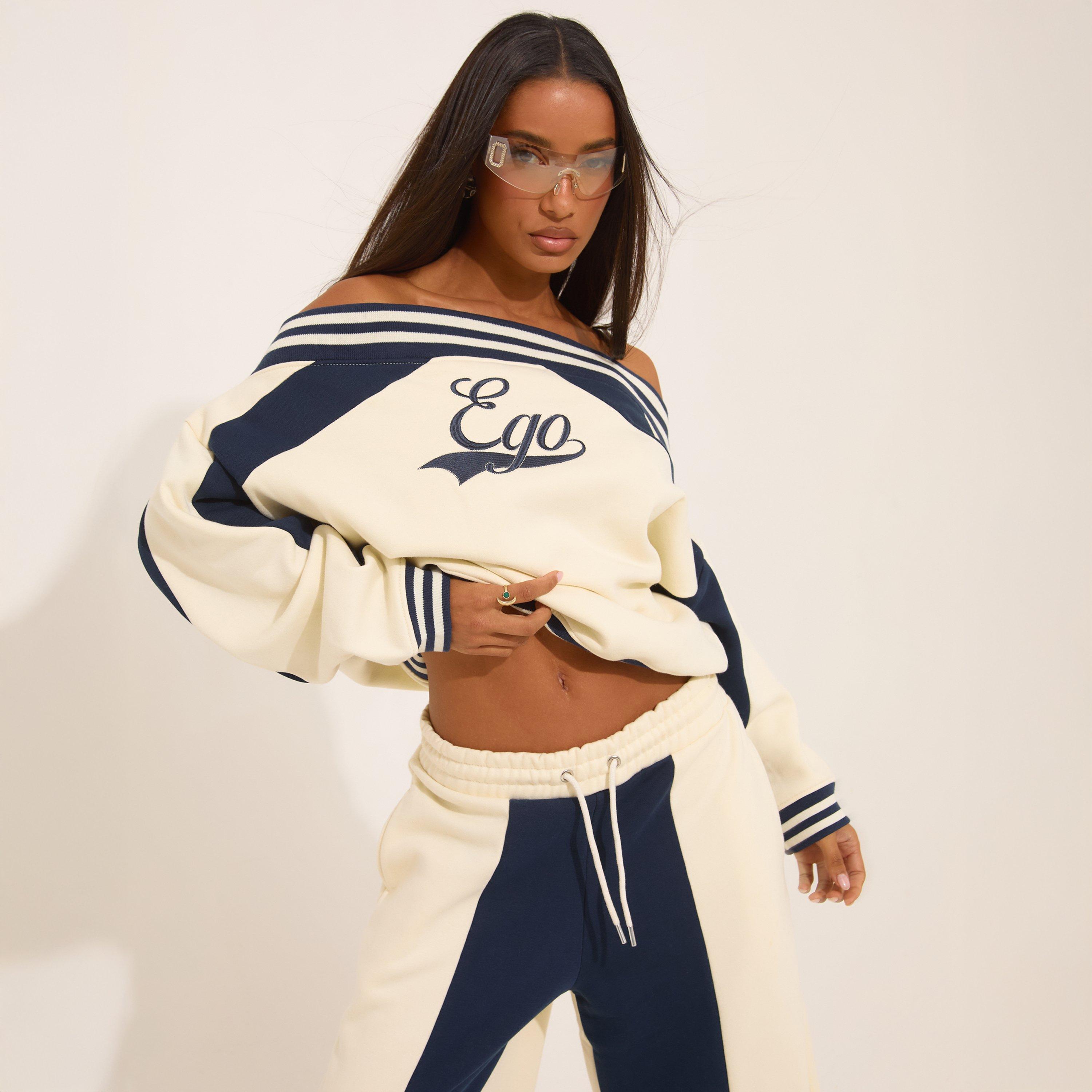 Oversized Bardot Contrast Stripe Detail Ego Graphic Sweater In Cream, Women's Size UK 8