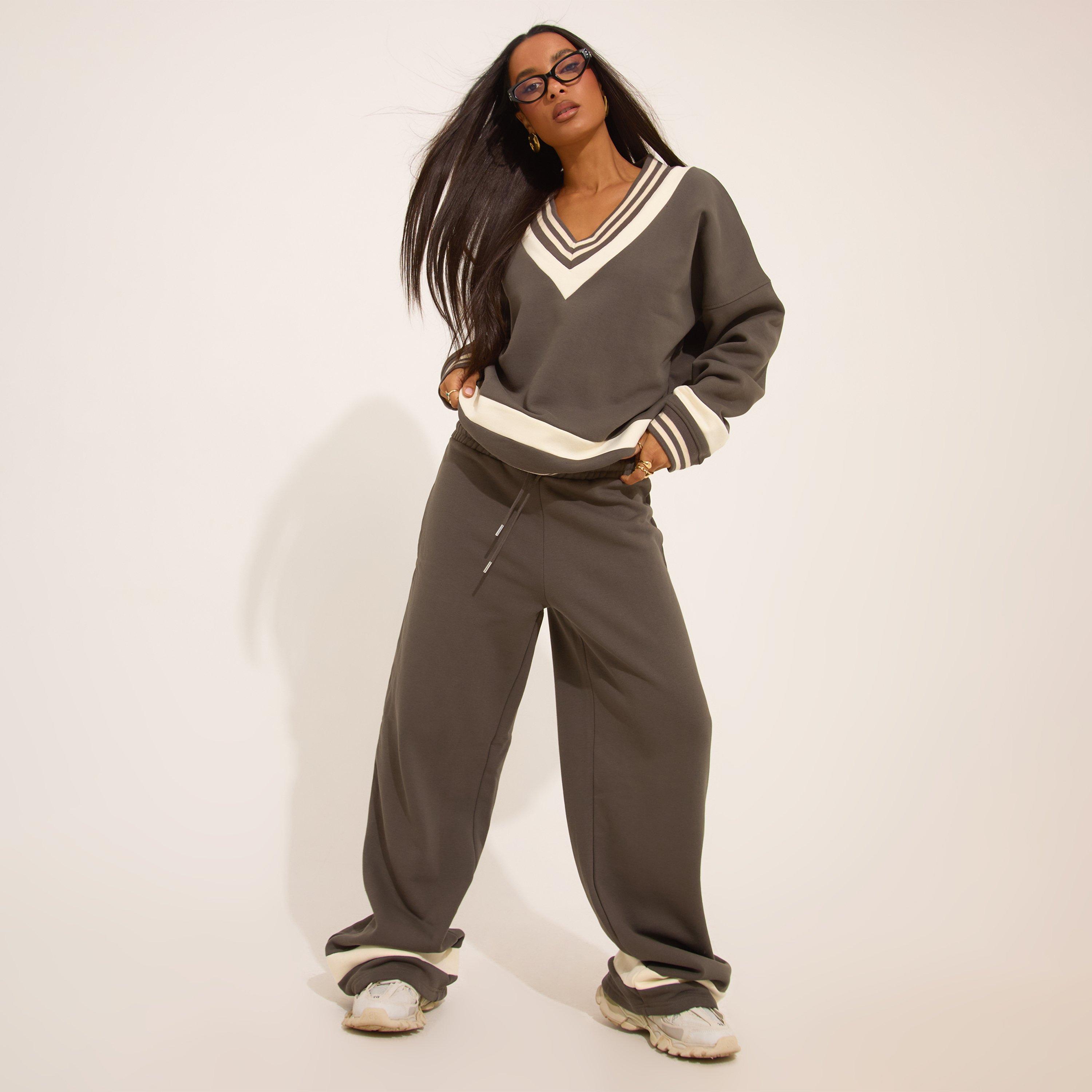 Oversized Tie Waist Contrast Stripe Wide Leg Joggers In Grey, Women's Size UK 12