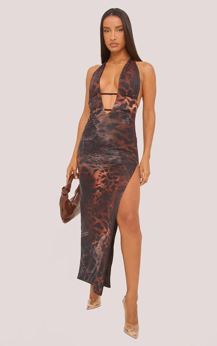 knee length dresses for ladies Abstract Print Mesh Open Back Detail Maxi Dress – InTheStyle main image 0