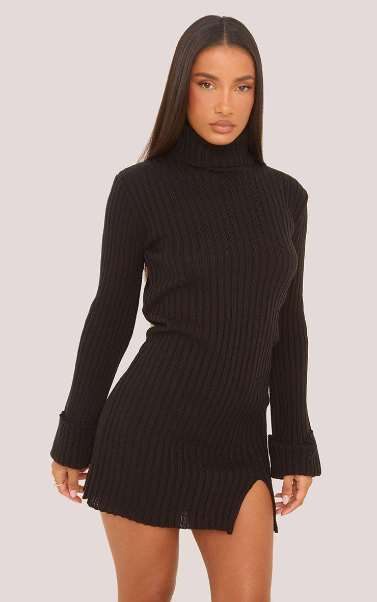 Long Sleeve High Neck Split Leg Mini Dress In Black Knit Long Sleeve High Neck Split Leg Mini Dress In Black Knit