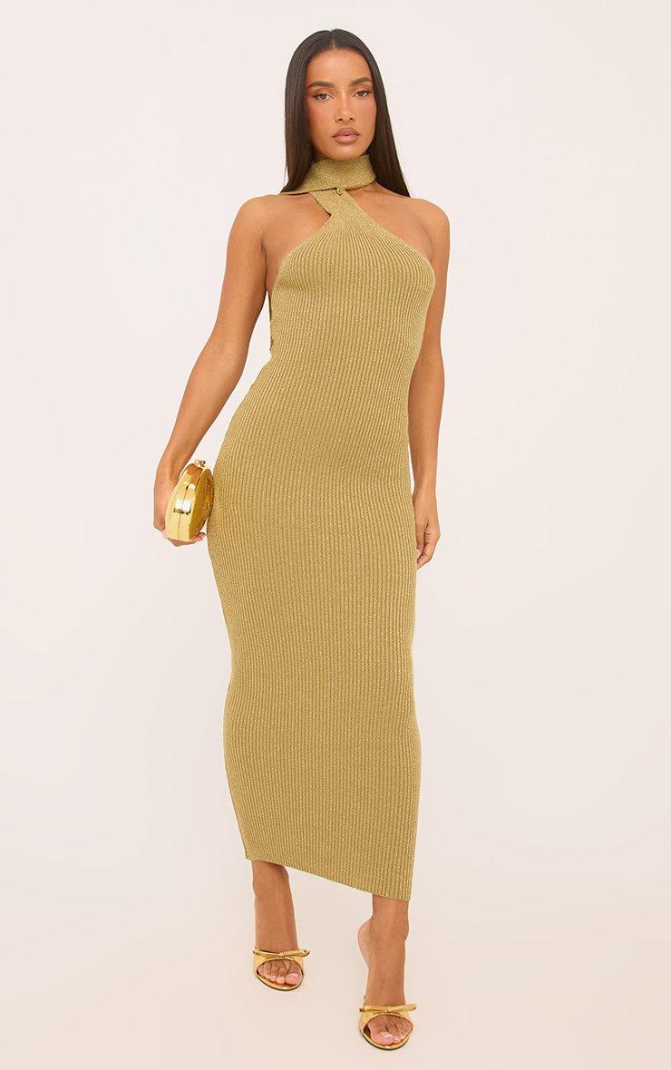 Scarf Detail Sleeveless Maxi Dress In Khaki Green Glitter Knit | EGO US |  EGO