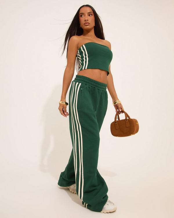 High Waist Contrast Stripe Detail Wide Leg Joggers In Forest Green