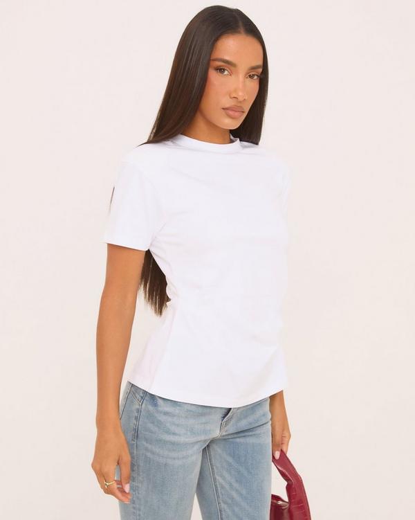 Short Sleeve Shoulder Pad Detail Ruched T Shirt In White EGO
