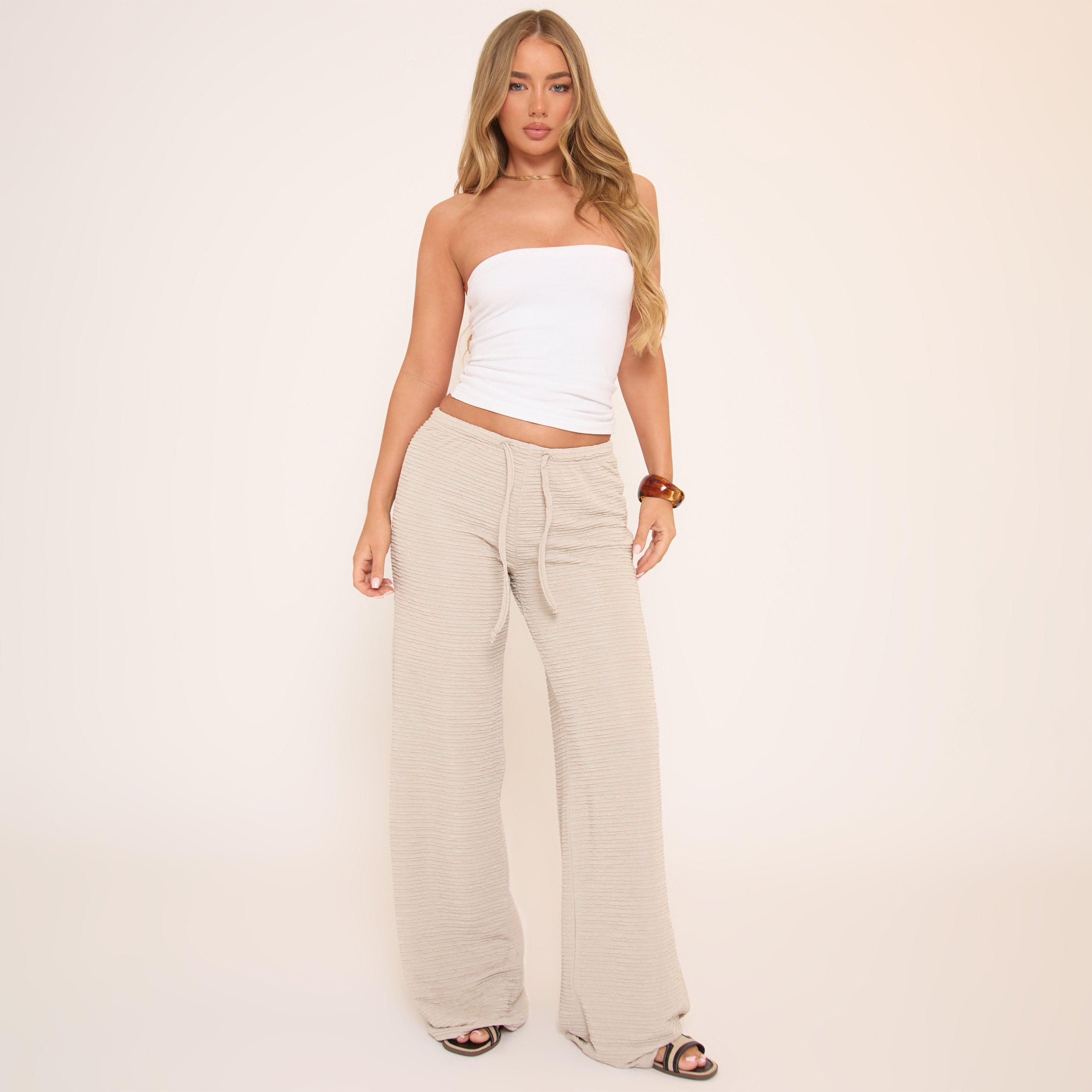 Mid Rise Wide Leg Trousers In Cream Texture, Women's Size UK 14