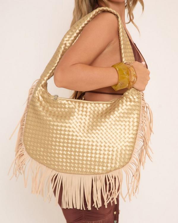 Boho Tassel Detail Oversized Shoulder Bag In Gold Woven Faux Leather