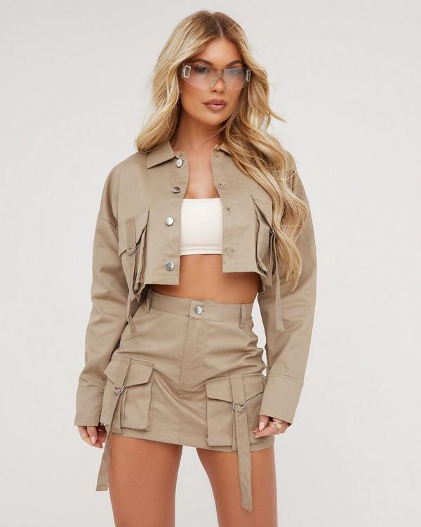 Oversized Belt Detail Cropped Cargo Jacket In Beige