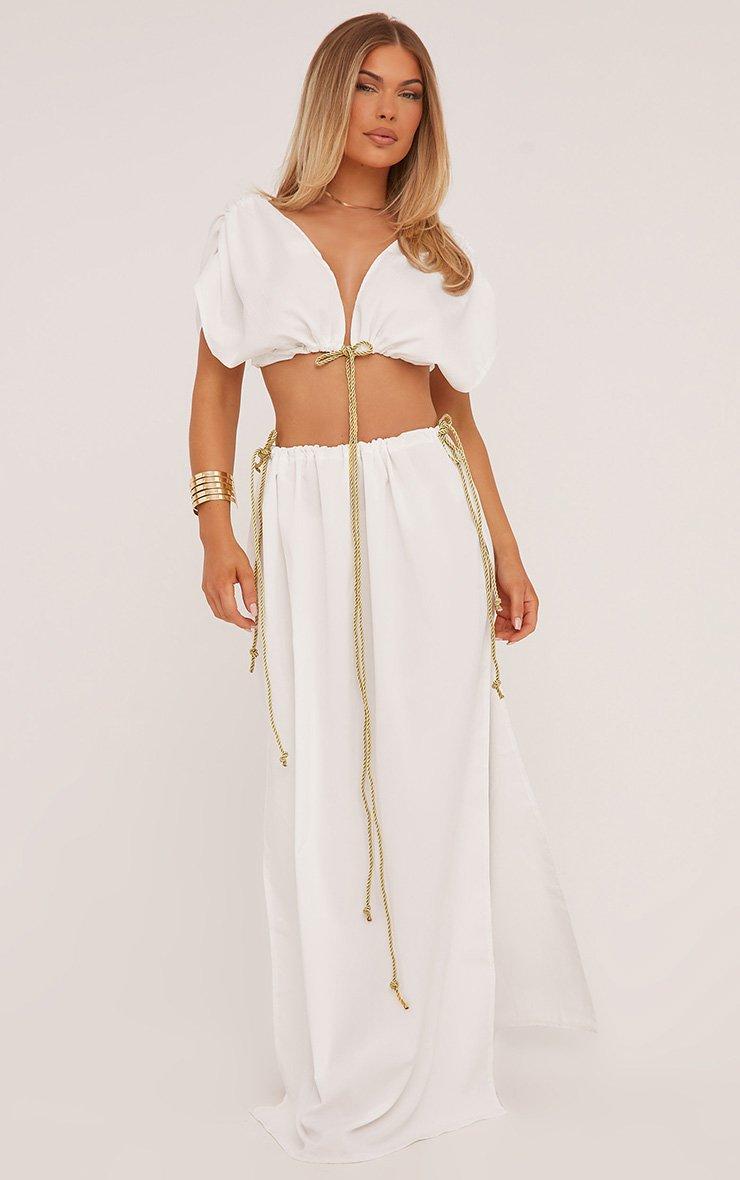 Rope Detail Plunge Ruched Sleeve Crop Top And High Waist Split Leg