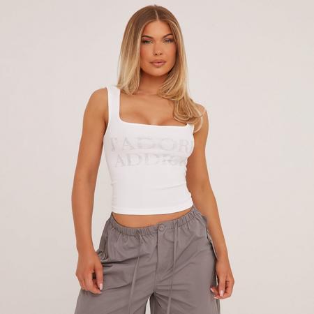 Square Neck Diamante J'Adore Addict Slogan Vest Top In White Rib, Women's Size US