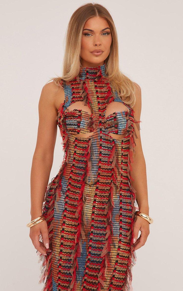 High Neck Cut Out Bust Maxi Dress In Multi Red Texture | EGO US | EGO