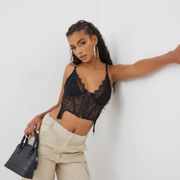 Hook And Eye Detail Strappy Corset Crop Top In Black Lace