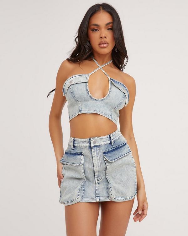 Shape Washed Blue Denim Foldover Waist Mini Skirt