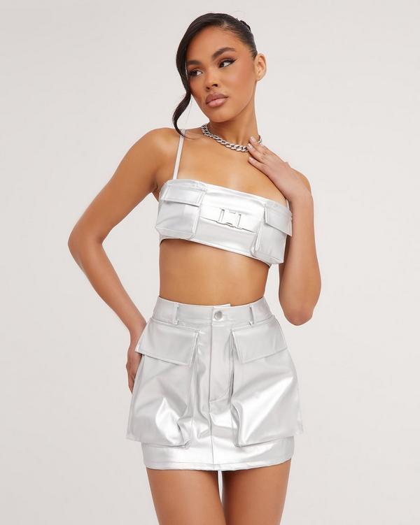 Strappy Square Neck Pocket Front Detail Crop Top In Silver Metallic