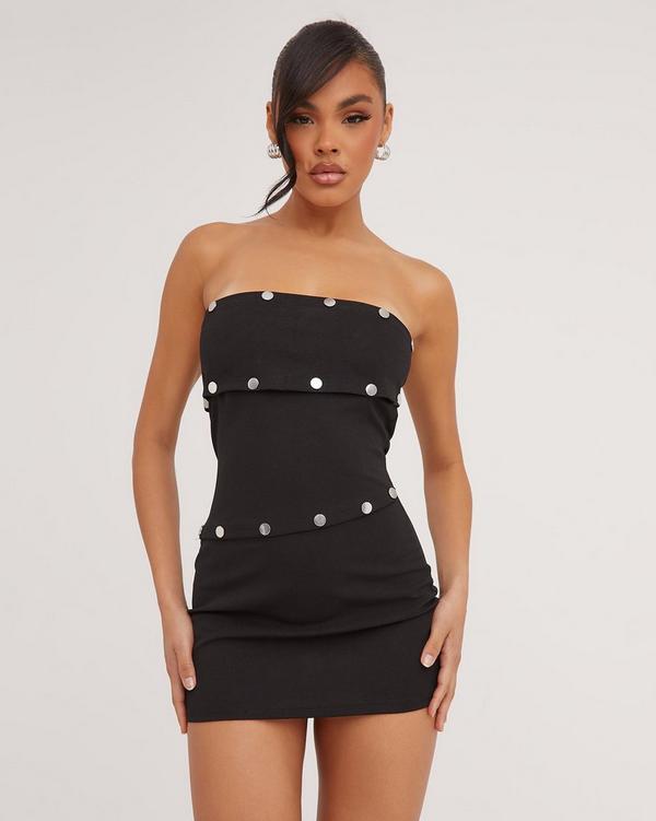 Bandeau Popper Detail Mini Bodycon Dress In Black EGO