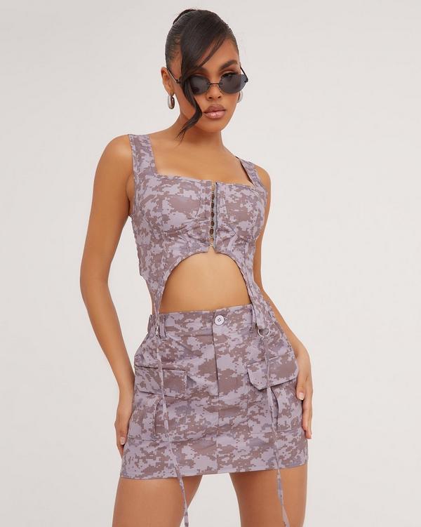High Waist Pocket Detail Cargo Mini Bodycon Skirt In Brown Pixel Camo