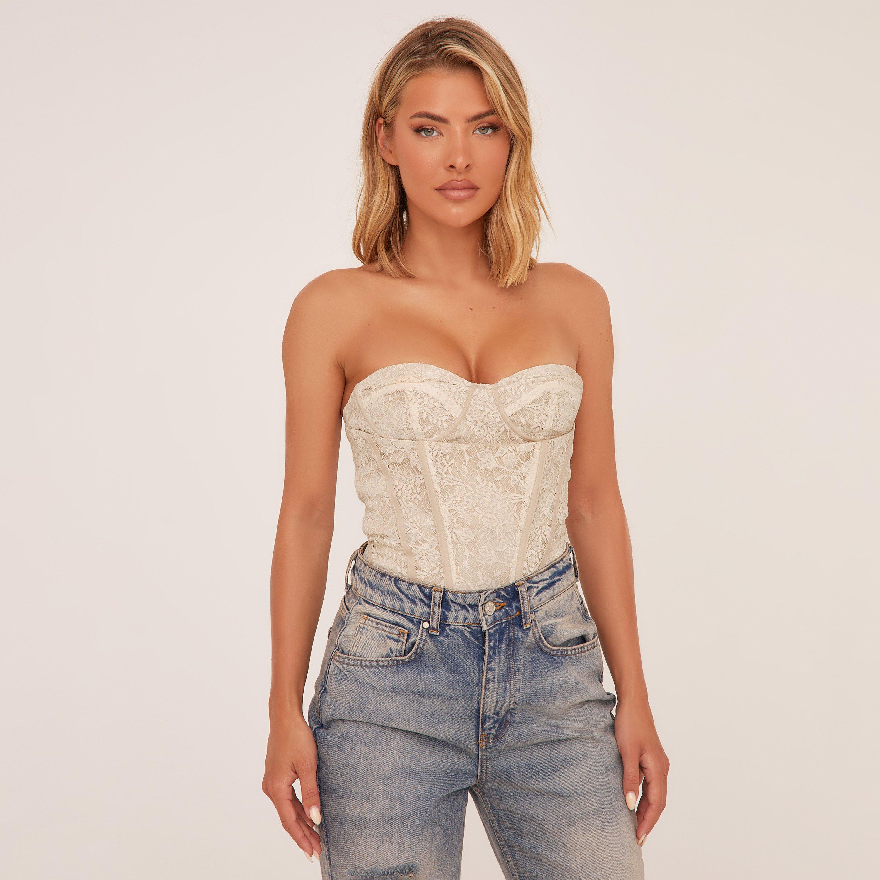 Bandeau Underwired Corset Top In Cream Lace, Women's Size UK 12