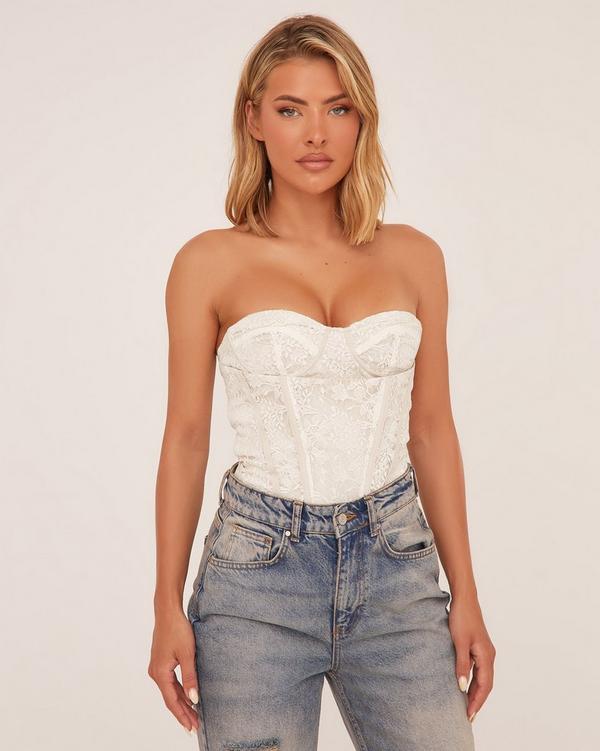 Bandeau Underwired Corset Top In Cream Lace