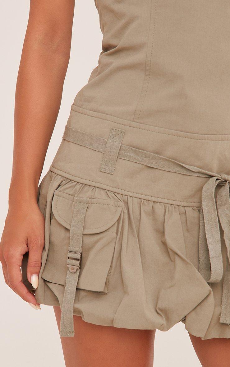 Square Neck Cargo Puffball Mini Dress In Khaki Green Woven | EGO UK | EGO