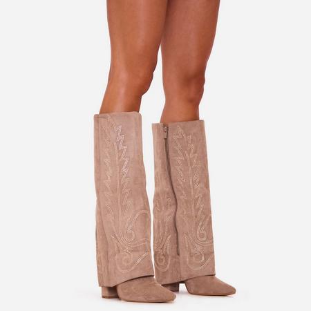 Suzzee Diamante Embroidered Detail Pointed Toe Layered Knee High Long Boot In Taupe Faux Suede, Women's Size US