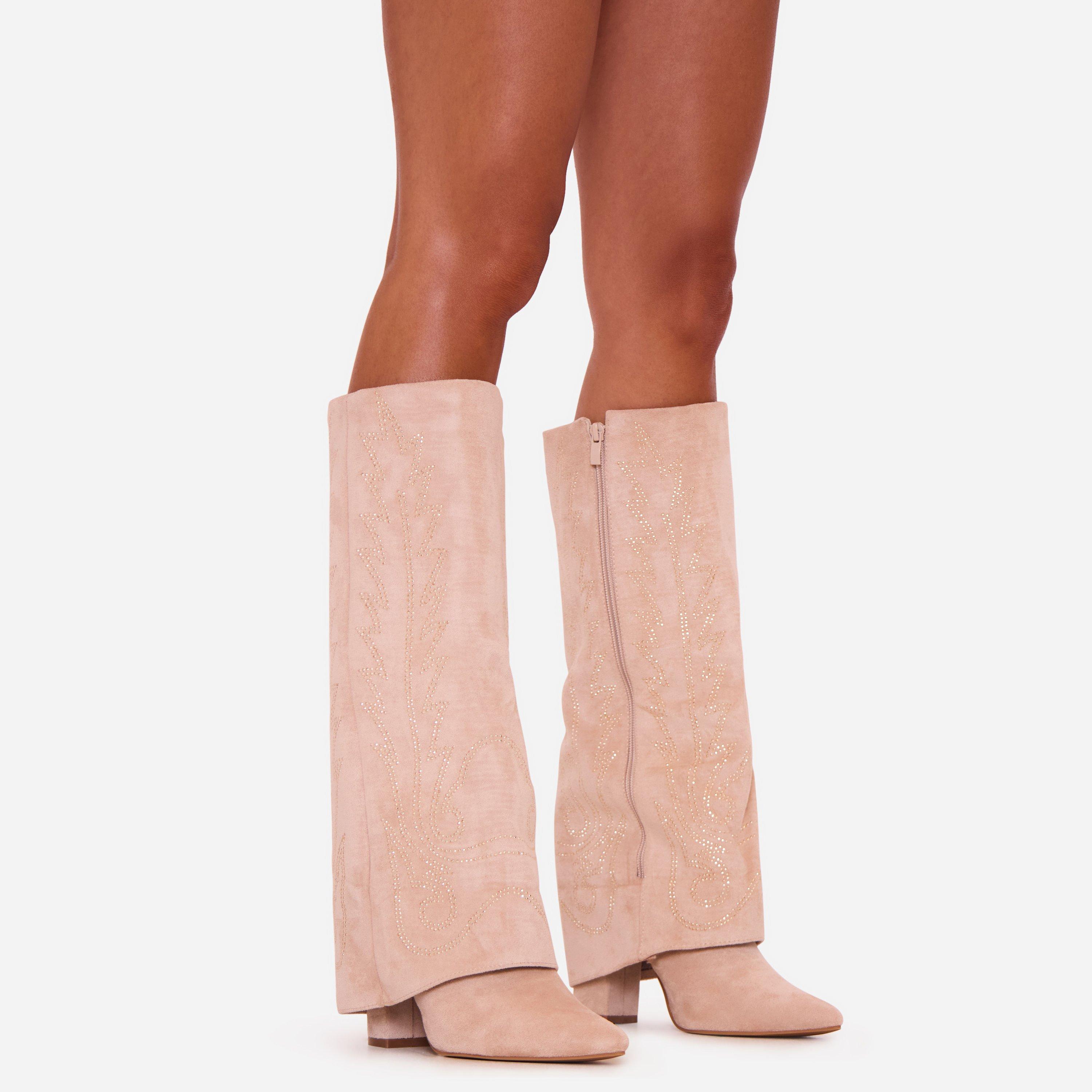 Suzzee Diamante Embroidered Detail Pointed Toe Layered Knee High Long Boot In Beige Faux Suede, Women's Size UK 8