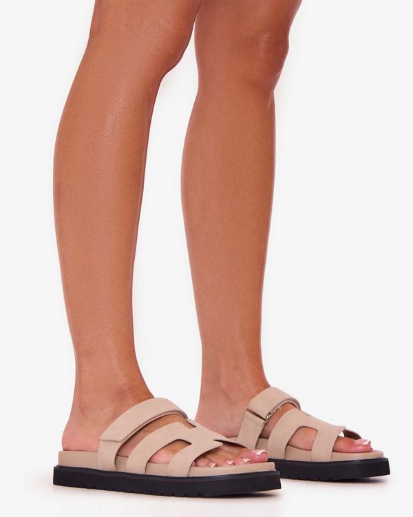 Valerie Gladiator Velcro Strap Flat Slider Sandal In Nude Faux Suede